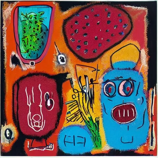 Prompt: “berries, diamonds, pigs, weeds, bagels, pig, strawberries, blueberries, raspberries, crystals, plants, scientific glassware, Acrylic and spray paint and oilstick on canvas, pastel, by Jean-Michel Basquiat”