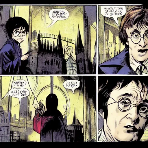 Image similar to in one frame Harry Potter talking to the Sandman in The Sandman comic, by Neil Gaiman, by Dave McKean, comics Sandman, small details, whole-length, clear faces