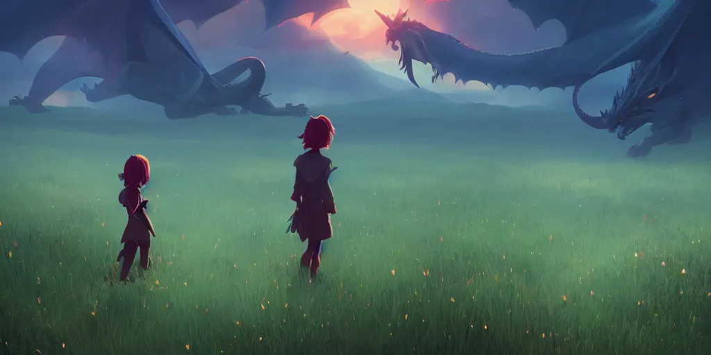 Image similar to A dragon stands in the middle of a meadow, dark atmosphere, mattepainting concept Blizzard pixar maya engine on stylized background splash comics global illumination lighting artstation lois van baarle, ilya kuvshinov, rossdraws