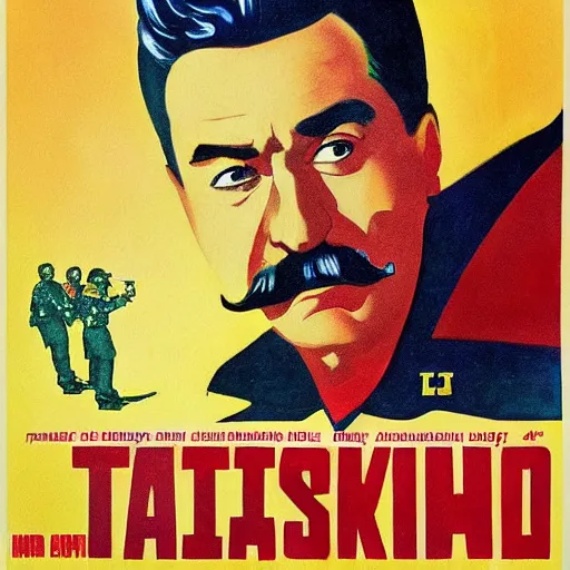 Image similar to poster for blockbuster, stalin at mcdonald's art in color, art in 4 k