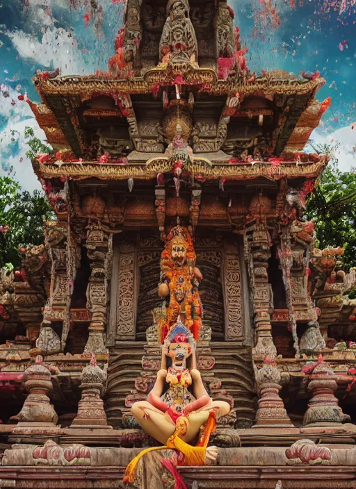 Prompt: wide - angle shot of hindu temple, depth of field, zeiss lens, detailed, symmetrical, centered, fashion photoshoot, by nicoletta ceccoli, mark ryden, lostfish, earl nore, hyung tae, frank frazetta, breathtaking, 8 k resolution, extremely detailed, beautiful, establishing shot, artistic, hyperrealistic, octane render