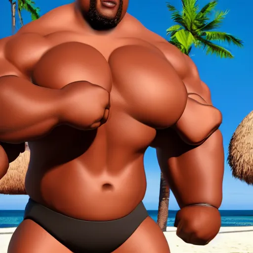 prompthunt: big black man with muscles, wearing coconut bikini bra