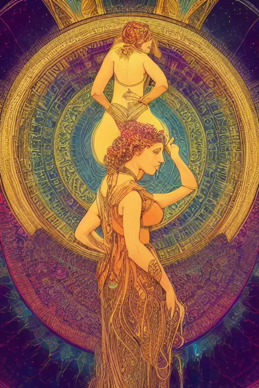 Image similar to beautiful goddess of space and dreams, mandala, coherent design, symmetrical, digital watercolor ink illustration painting, complementary color, golden ratio, detailed, sharp lines, sharp focus, intricate, rainbowshift, gustave dore, maxfield parrish, alphonse mucha, octane render