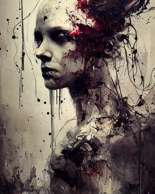 Image similar to beautiful redhead woman, wires, skulls!! machines ( by emil melmoth zdzislaw belsinki craig mullins yoji shinkawa ) realistic render ominous detailed photo atmospheric by jeremy mann francis bacon and agnes cecile ink drips paint smears!! digital glitches glitchart!!