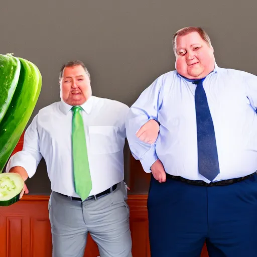 Prompt: a candid high definition photo of two business men, one old one young, one fat, one is showing the other how cool is massive cucumber is