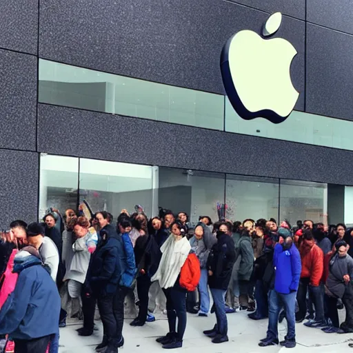 Image similar to a photo of a long line of people, outside an apple store, waiting to buy the latest apple product, city environment, morning, rainy weather, crowded streets, volumetric lighting, hyper realistic, ultra detailed, 8 k