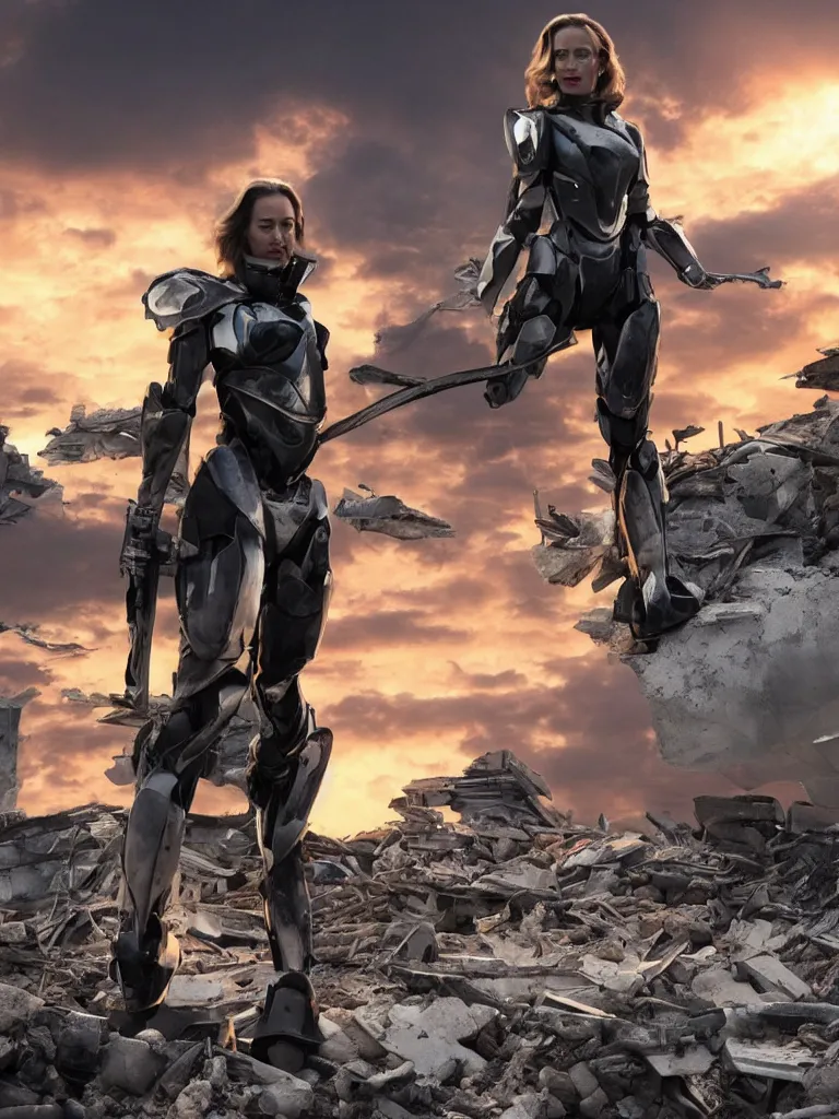 Image similar to emily blunt in futuristic power armor, by herself, holding a sword, standing atop a pile of rubble, sunset and big clouds behind her