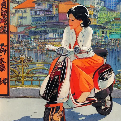Prompt: the orange - haired vespa queen in hong kong, by amiet kuno and coby whitmore