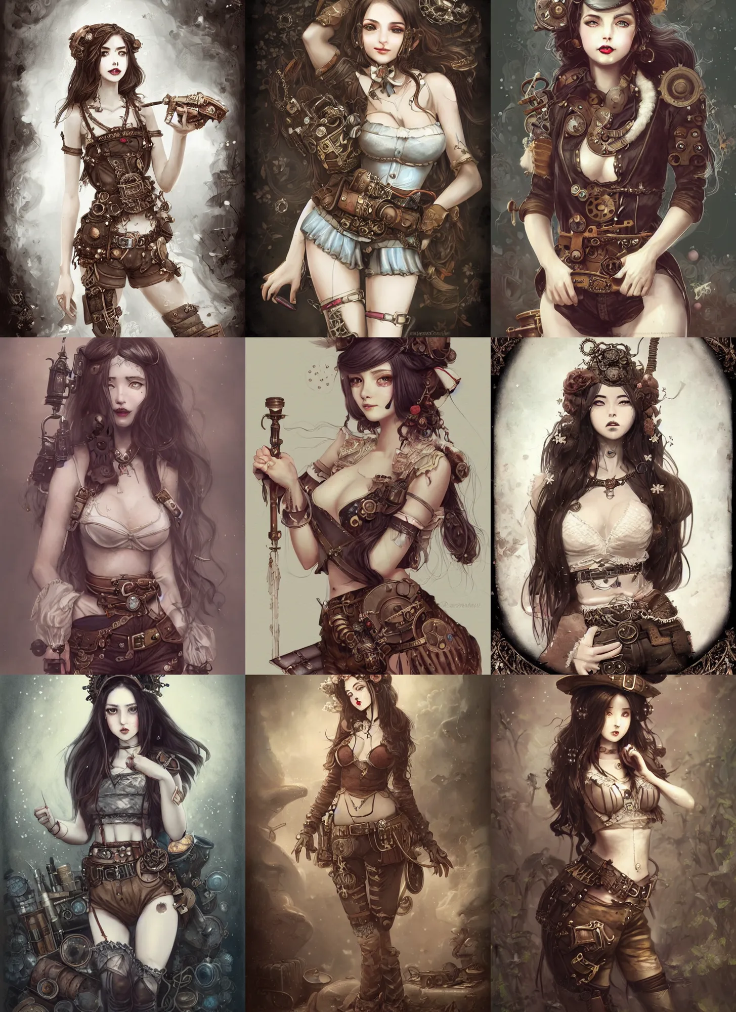 Prompt: daguerreotype of beautiful steampunk girl, white skin, long brunette hair, lipstick, short pants, belts, croptop, junkyard, high fantasy, highly detailed, digital illustration, by rossdraws, sakimichan frank franzzeta