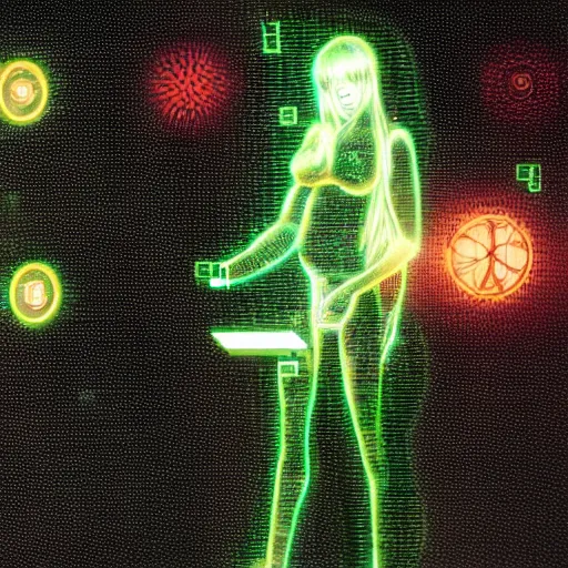 Prompt: anime movie still of a human computer interaction optical procedure, flesh-wetware electronic interface installation, vivid anime drawing by Shitase Iwasukon, green and chrome polish, fiber optics engineering, detailed