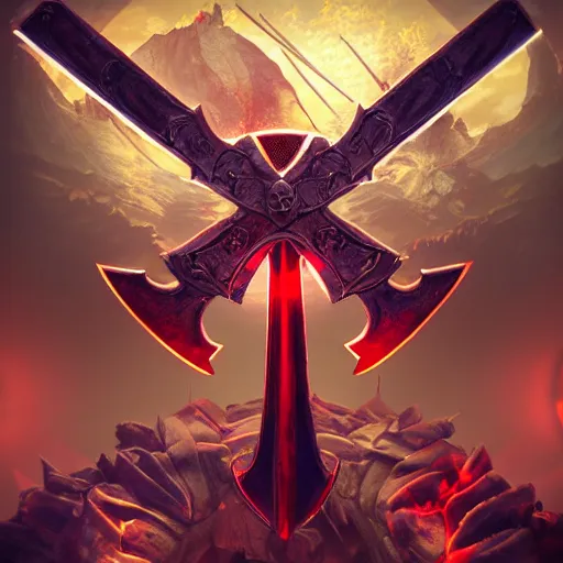 Prompt: full shot of a symmetrical game - icon of horror medieval swords crossed, red powerful fantasy epic legends, game icon stylized, digital illustration radiating, a glowing aura, global illumination, ray tracing, 8 k high definition, intricate details, octane render, unreal engine, trending on arstation