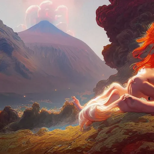 Image similar to mythical creatures, volcanos in the background, highly detailed, digital painting, artstation, concept art, sharp focus, illustration, art by artgerm and greg rutkowski and alphonse mucha,