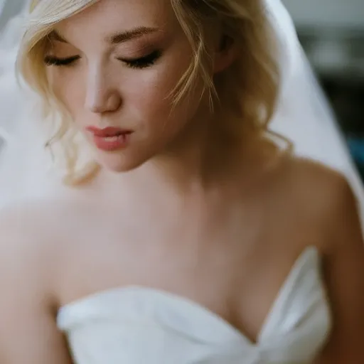 Prompt: a close up portrait of a women, mid-twenties, blonde hair, wearing a Vera Wang wedding dress, the most beautiful day of her life