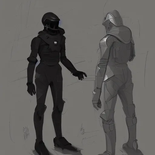 Prompt: concept art, stylized silhouette, super exaggerated proportions, concept design, sketch, male, science fiction suit, helmet, by ryan gitter