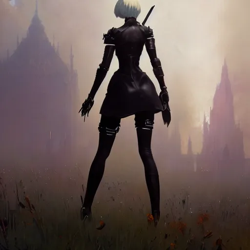 Image similar to highly detailed painting of 2 b nier automata, stephen bliss, 8 k, unreal engine, by greg rutkowski, loish, rhads, artgerm, ferdinand knab, makoto shinkai and lois van baarle, ilya kuvshinov, rossdraws, tom bagshaw, global illumination, radiant light, detailed and intricate environment