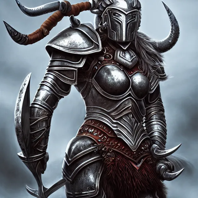 Image similar to warrior with metal bull armour, highly detailed, 4 k, hdr, smooth, sharp focus, high resolution, award - winning photo, artgerm, photorealistic