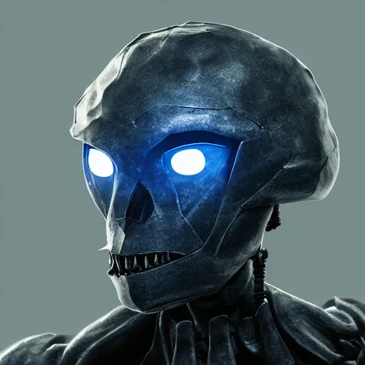 Image similar to award - winning. trending on artstation. 4 k. eerie tone. a robotic figure wearing a hooded cape made of the night sky with 1 5 dark blue glowing eyes on its face and rows of teeth on its chest. portrait.