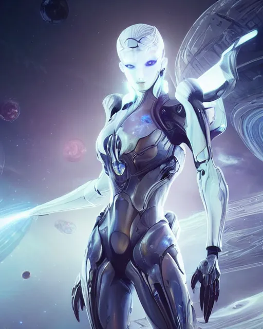 Image similar to photo of a beautiful girl on a mothership, android, warframe armor, pretty face, scifi, futuristic, galaxy, raytracing, dreamy, perfect!!!, cosmic wind, pure, white hair, blue cyborg eyes, glow, insanely detailed, artstation, innocent look, art by gauthier leblanc, kazuya takahashi, huifeng huang
