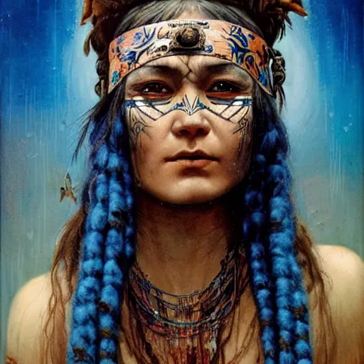 Image similar to A young blindfolded shaman woman with a decorated headband performing a pagan ritual, in the style of heilung, blue hair dreadlocks and wood on her head, tribal piercing and tatoos , atmospheric lighting, intricate detail, cgsociety, ambient light, dynamic lighting, art by karol bak