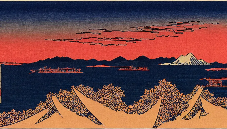 Image similar to sunset over the san francisco bay area by katsushika hokusai