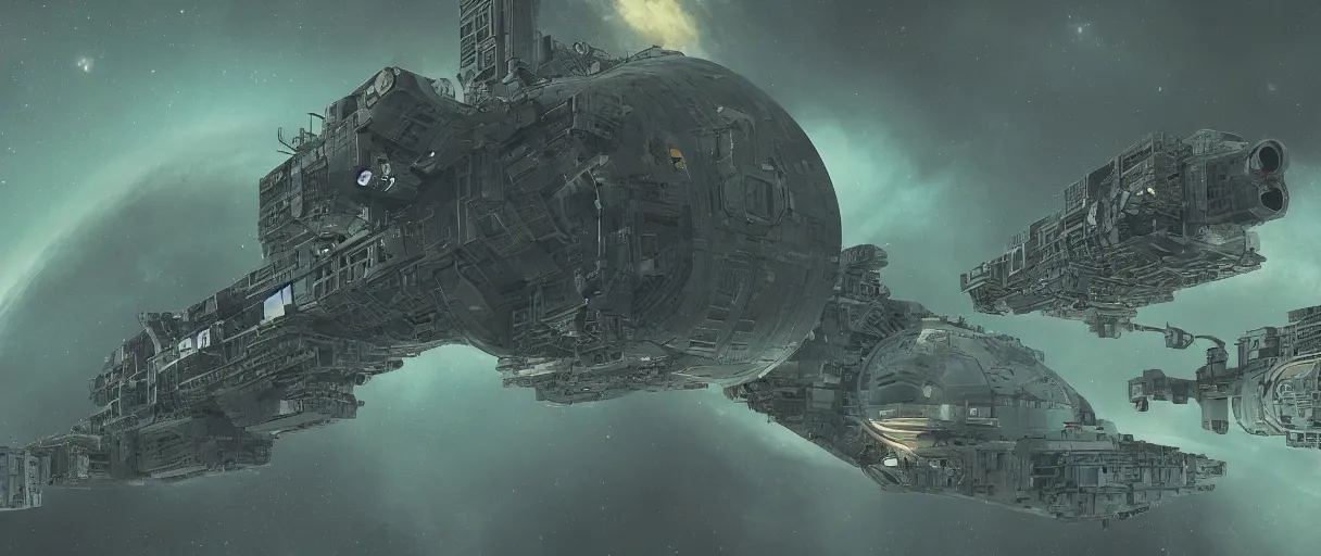 Image similar to illustration, a single scouting spaceship, deep space exploration, the expanse tv series, industrial design, space travel, intergalactic, cinematic lighting, 4k, greebles, widescreen, wide angle, beksinski, sharp and blocky shapes, deep palette