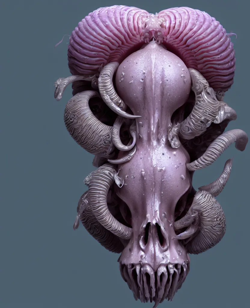 Image similar to goddess princess face close-up portrait ram skull. hard surface modelling zbrush and octane render. jellyfish phoenix head, nautilus, orchid, skull, betta fish, bioluminiscent creatures, intricate artwork by Tooth Wu and wlop and beeple. octane render, trending on artstation, greg rutkowski very coherent symmetrical artwork. cinematic, hyper realism, high detail, octane render, 8k