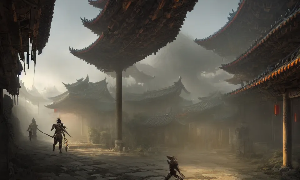 Prompt: Futuristic matte painting of a Spartan warrior walking through an abandoned Chinese village, volumetric light scattering, highly detailed, digital art, Andreas Rocha, Greg Rutkowski, Darek Zabrocki, ArtStation, CGSociety, Unreal Engine, 4K, 8K