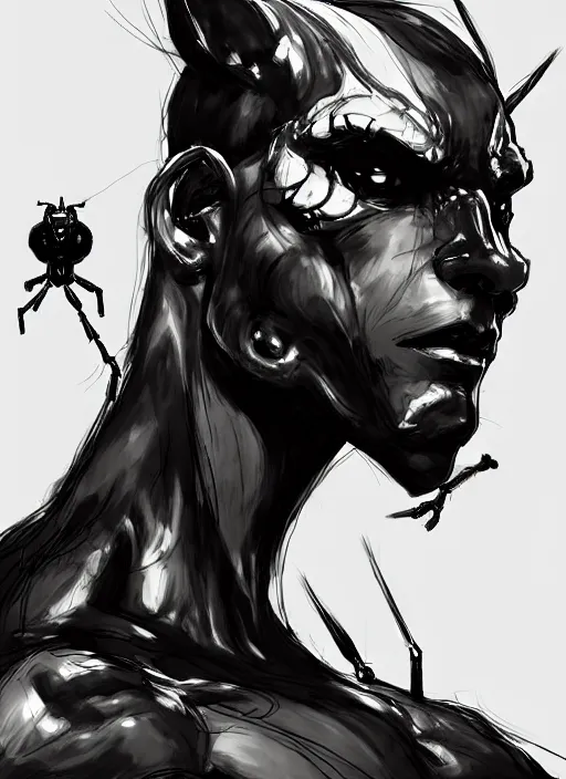 Prompt: portrait of an anthropomorphic sly insect bug. in style of yoji shinkawa and hyung - tae kim, trending on artstation, dark fantasy, great composition, concept art, highly detailed, dynamic pose, vibrant colours.