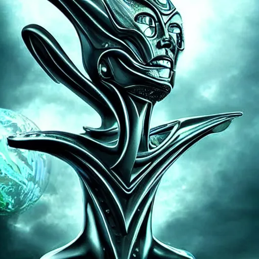 Prompt: an alien taking form of a metallic poseidon, sci-fi art, stunning, gorgeous, epic, much detailed, much wow, masterpiece