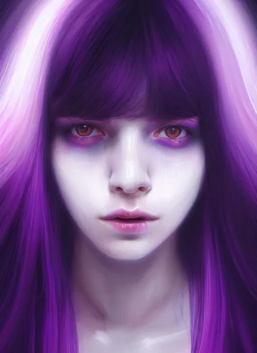 Image similar to hair whitebangs hair, black hair, whitebangs, portrait of teenage girl with white bangs, red irises, purple clothes, white bangs, bangs are different color from hair, intricate, elegant, glowing lights, highly detailed, digital painting, artstation, concept art, smooth, sharp focus, illustration, art by wlop, mars ravelo and greg rutkowski