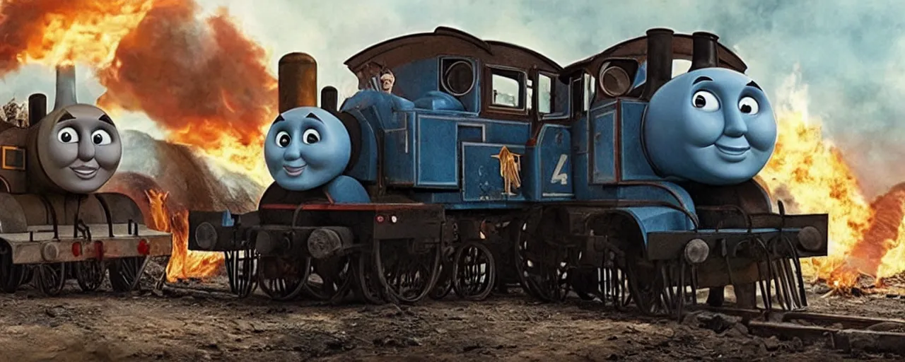 Prompt: Thomas the Tank Engine with fire in MAD MAX: FURY ROAD