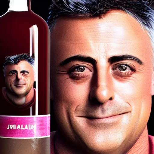 Image similar to matt leblanc face as label!!!! on a wine bottle body, 3 d, octane render