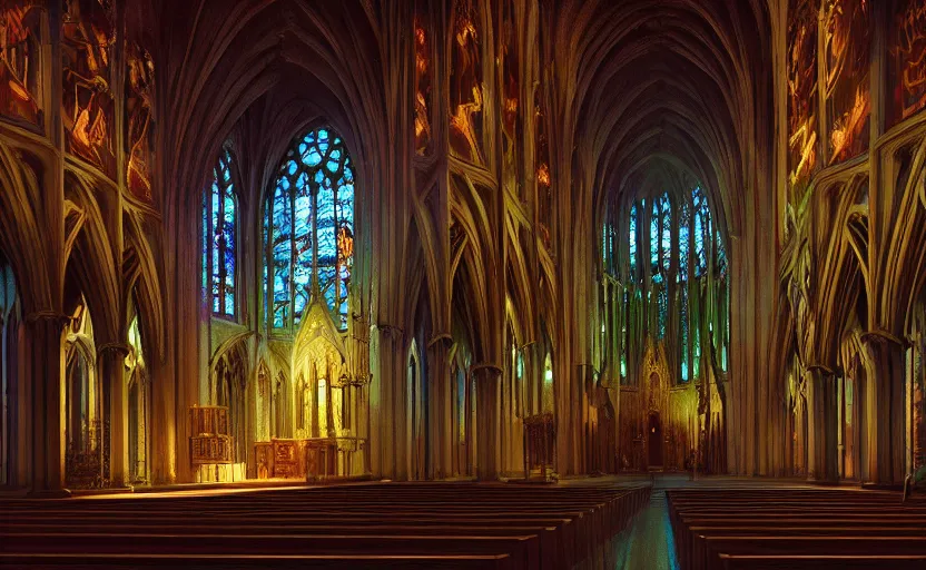 Image similar to Interior shot of a Gothic church by Petros Afshar and Beeple, James Gilleard, Mark Ryden, Wolfgang Lettl highly detailed