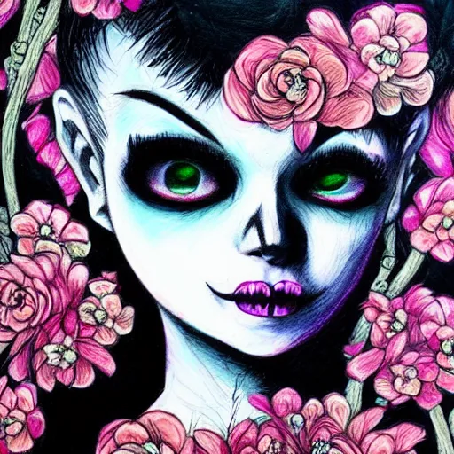 Image similar to tinker bell, horror, skull, flowers, scary, drawn by Harumi Hironaka