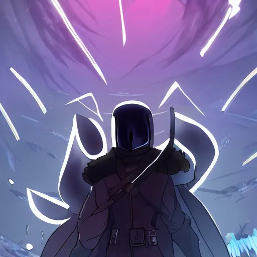 Image similar to poster soldier in trench coat looking up at crystal, hyperlight drifter, black color smoke, black rock shooter, wallpaper, hollow knight