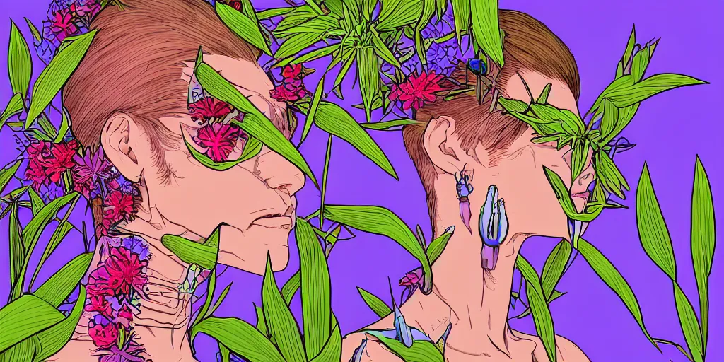 Prompt: drawing of futuristic sci - fi antagonist face wearing earrings, photorealistic colors, face covered with plants and flowers, by moebius and satisho kon and dirk dzimirsky close - up portrait, hyperrealistic