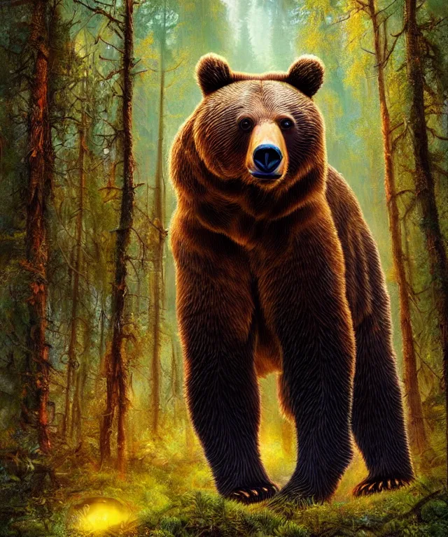 Image similar to a realistic brown bear, walking through a psychedelic forest, wide angle landscape shot, pixar style by tristan eaton, artgerm and tom bagshaw