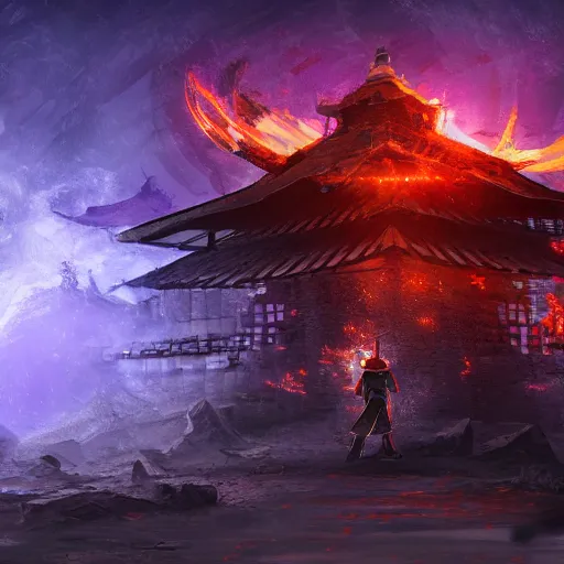 Image similar to a single armored samurai standing in the ruins of crux prime, purple fiery maelstrom in the distance, digital art, artstationhq