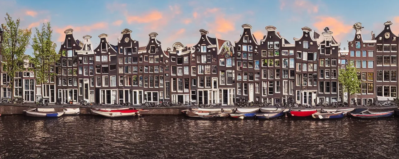 Image similar to view of houses in amsterdam, with water and boats, photography, 3 5 mm, hyper realistic, 8 k, unreal engine, illustration, happy cinematic sunrise lighting, tilt shift, crimson - black