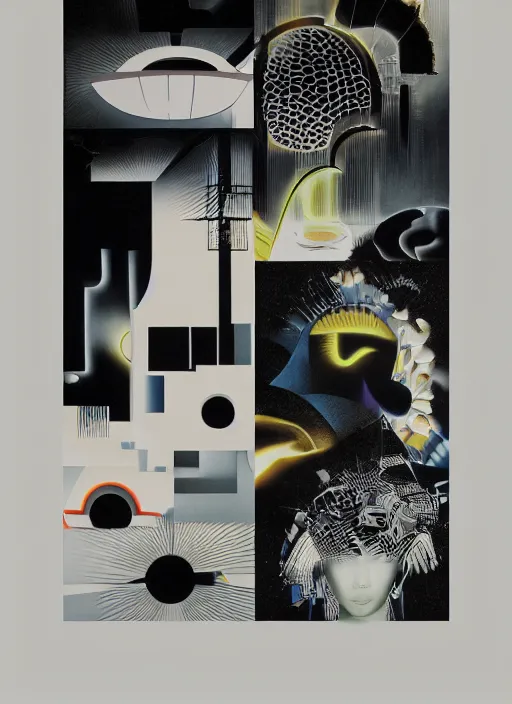 Image similar to futuristic fine lasers tracing, futuristic japan rural nature touring and ceramics, by david rudnick, steven meisel, kaws, rolf armstrong, mondrian, kandinsky, perfect geometry abstract acrylic, octane hyperrealism photorealistic airbrush collage painting, dark monochrome, fluorescent colors, minimalist rule of thirds, eighties eros