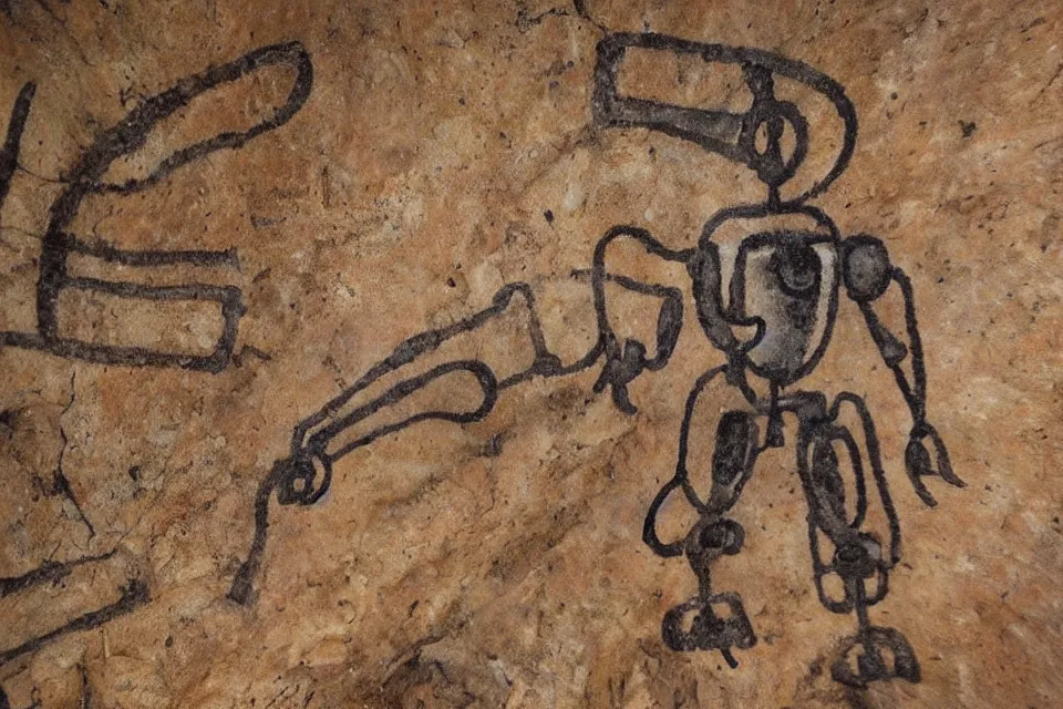 Image similar to a cave painting of a sci - fi robot. lascaux cave paintings, chauvet