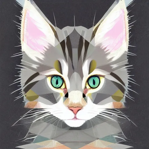 Image similar to a cream-colored maine coon kitten, digital art, geometric shapes and pastel colors explore the relationship between positive and negative space, as well as the tension between flatness and depth.