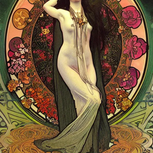 Prompt: persephone as goddess of death and flowers, dark atmosphere, painted by alphonse mucha