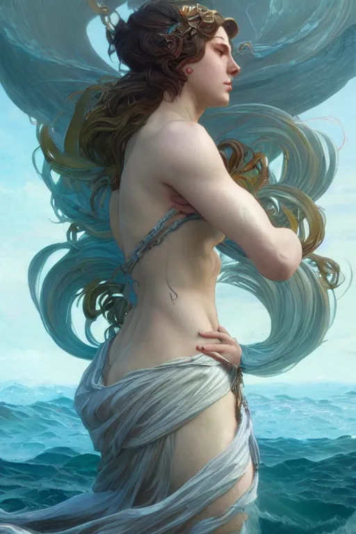 Image similar to goddess of the ocean, accurate anatomy, only two hands, highly detailed, digital painting, artstation, concept art, smooth, sharp focus, illustration, Unreal Engine 5, 8K, art by Ross Tran and greg rutkowski and alphonse Mucha