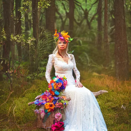 Image similar to a hyperrealistic photo of melynda moon, sitting in a colorful forest during the sunrise, wearing a long rainbow wedding gown