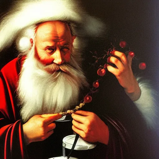 Prompt: Father Christmas looking grumpy. Painted by Caravaggio