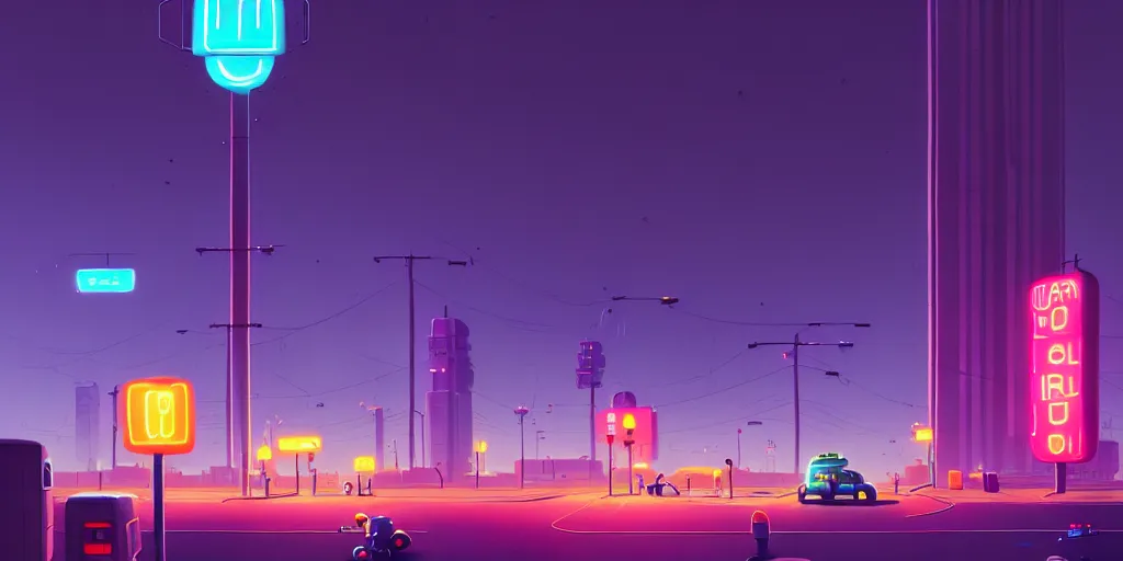 Image similar to city, building, cars, neon lights, night time, park, people, happy town, by Goro Fujita and Simon Stalenhag , 8k, trending on artstation, hyper detailed, cinematic