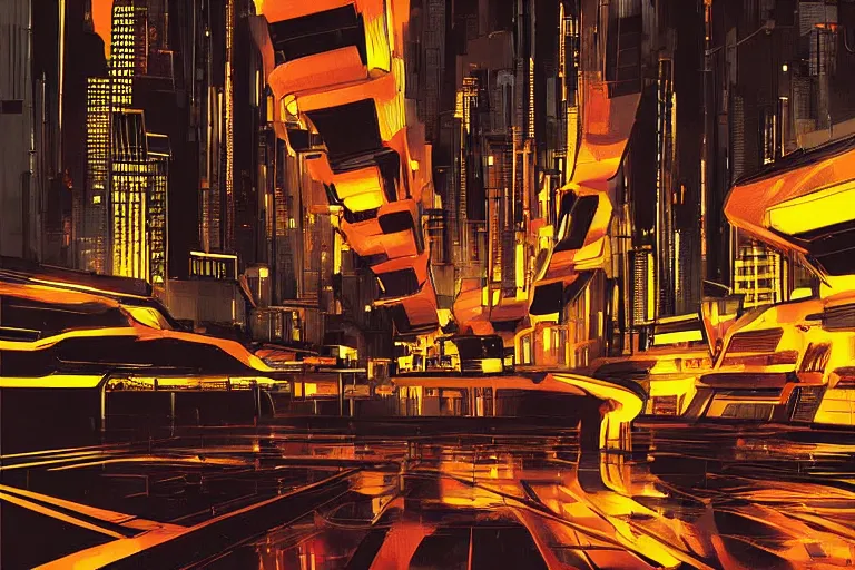 Prompt: futuristic city at nighttime In the style of Syd Mead, raining, digital art, dramatic lighting