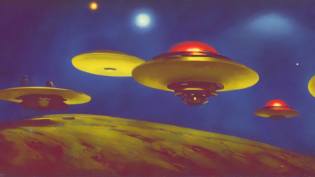 Image similar to flying saucer invaders by paul lehr and john schoenherr, cinematic matte painting