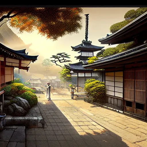 Image similar to old japanese town with garden viewed from harbor, d & d digital painting, ultra realistic, beautiful, volumetric lighting, warm colors advance, cell shading, by james jean, greg rutkowski,